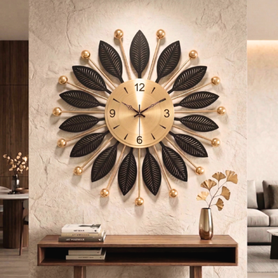 Luxury Black & Gold Metal Leaf Wall Clock – Modern Decorative Silent Wall Clock for Living Room & Bedroom