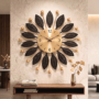 Luxury Black & Gold Metal Leaf Wall Clock – Modern Decorative Silent Wall Clock for Living Room & Bedroom