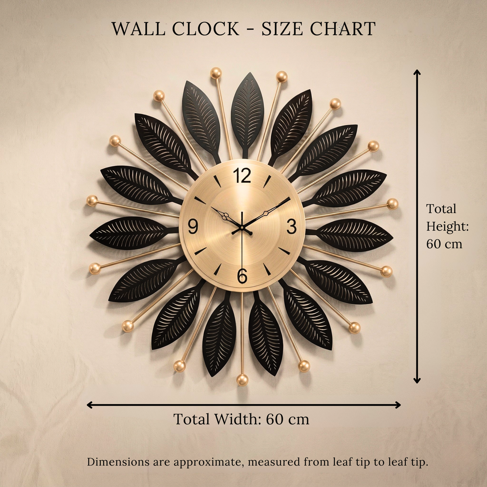 Luxury Black & Gold Metal Leaf Wall Clock – Modern Decorative Silent Wall Clock for Living Room & Bedroom - Image 5