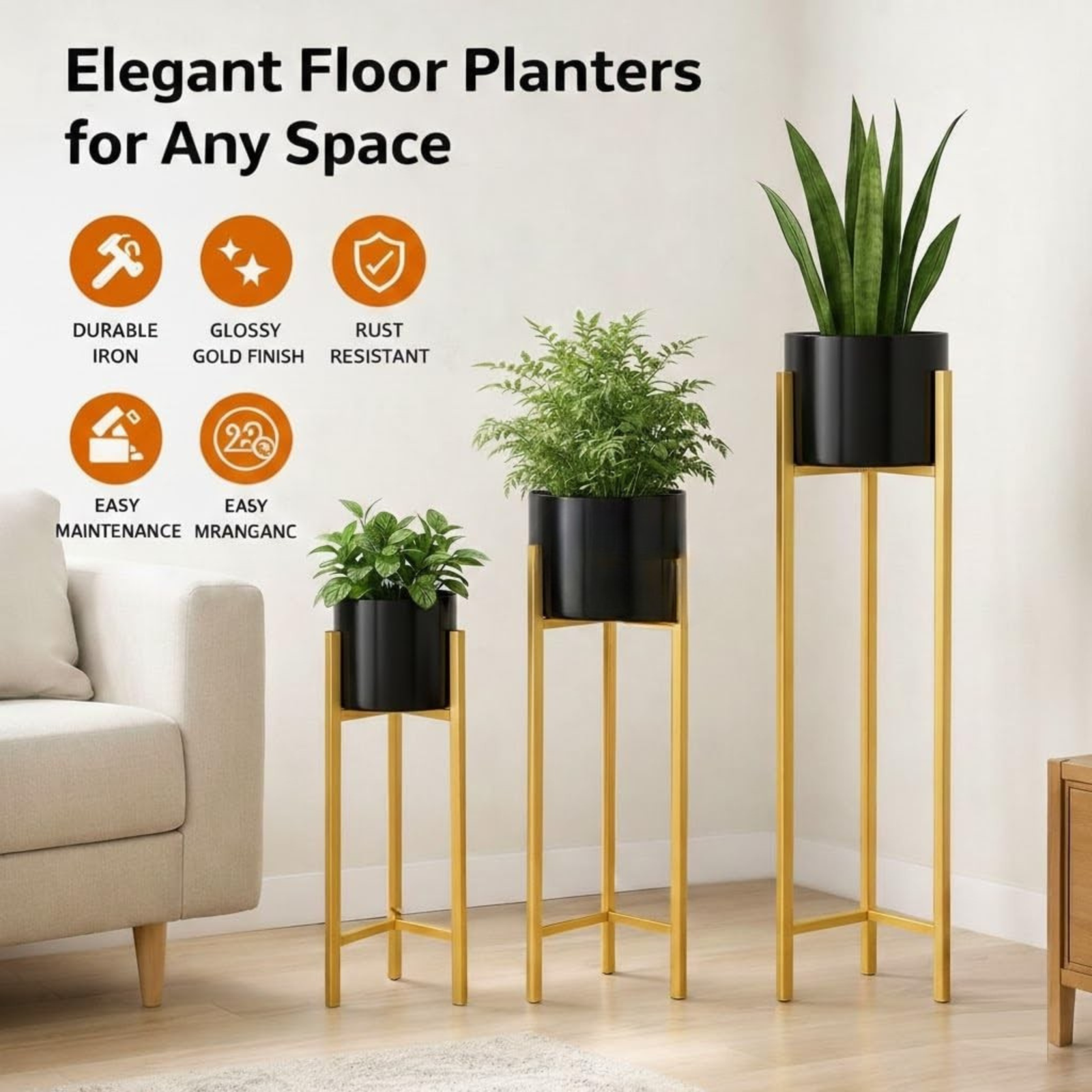 Modern Black & Gold Metal Plant Stand Set of 3 – Elegant Indoor Planter Stands for Living Room & Home Décor - Image 4