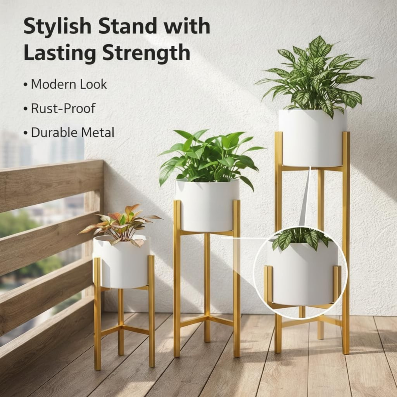 Modern White & Gold Metal Plant Stand Set of 3 – Elegant Indoor Planter Stands for Living Room & Home Décor - Image 3