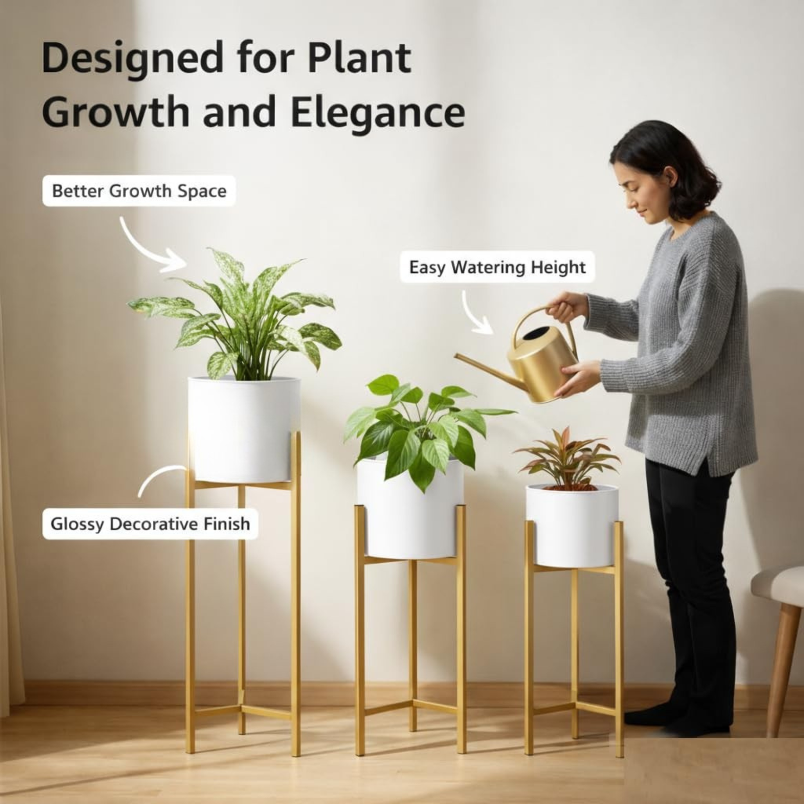Modern White & Gold Metal Plant Stand Set of 3 – Elegant Indoor Planter Stands for Living Room & Home Décor - Image 5